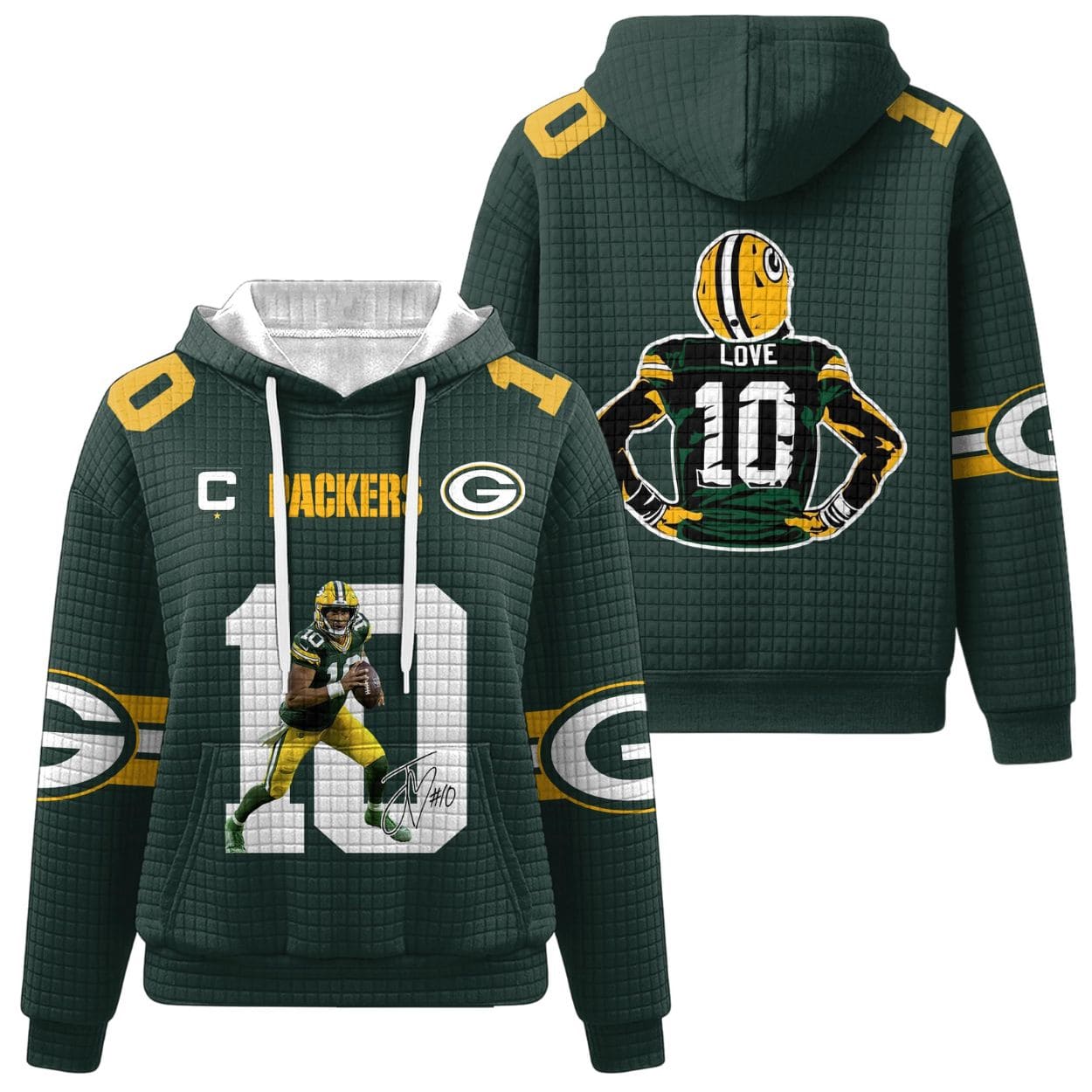 Jordan Love 10 Green Bay Football Waffle Hoodie Jordan Love 10 Green Bay Football Waffle Hoodie