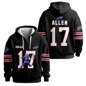 Josh Allen 17 Buffalo Football Waffle Quarter Zip Hoodie 2