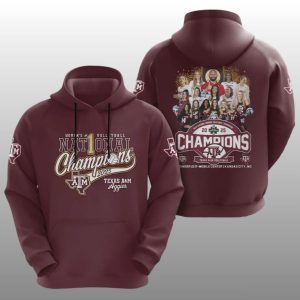 Maroon Texas A&M Aggies 2025 Women's Volleyball National Champions hoodie by Icestork. Made of breathable polyester, available in sizes S to 6XL. The front features 