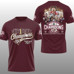 Maroon Texas A&M Aggies 2025 Women's Volleyball National Champions shirt by Icestork. Made of breathable polyester, available in sizes S to 6XL. The front features 
