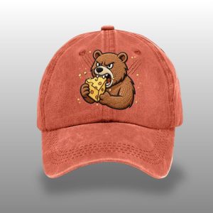 Unisex dark gray washed denim embroidered cap by Icestork featuring a fierce brown bear biting a block of Swiss cheese.