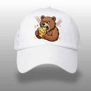 Unisex dark gray washed denim embroidered cap by Icestork featuring a fierce brown bear biting a block of Swiss cheese.