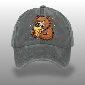 Unisex dark gray washed denim embroidered cap by Icestork featuring a fierce brown bear biting a block of Swiss cheese.
