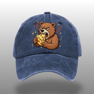 Unisex dark gray washed denim embroidered cap by Icestork featuring a fierce brown bear biting a block of Swiss cheese.