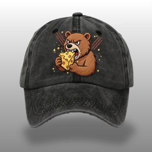 Unisex dark gray washed denim embroidered cap by Icestork featuring a fierce brown bear biting a block of Swiss cheese.