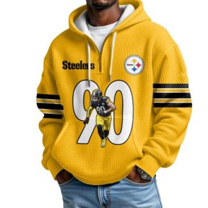 Watt 90 Steelers Football Waffle Quarter Zip Hoodie 1
