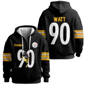 Watt 90 Steelers Football Waffle Quarter Zip Hoodie 3