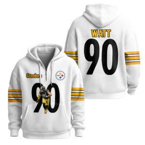 Watt 90 Steelers Football Waffle Quarter Zip Hoodie 4