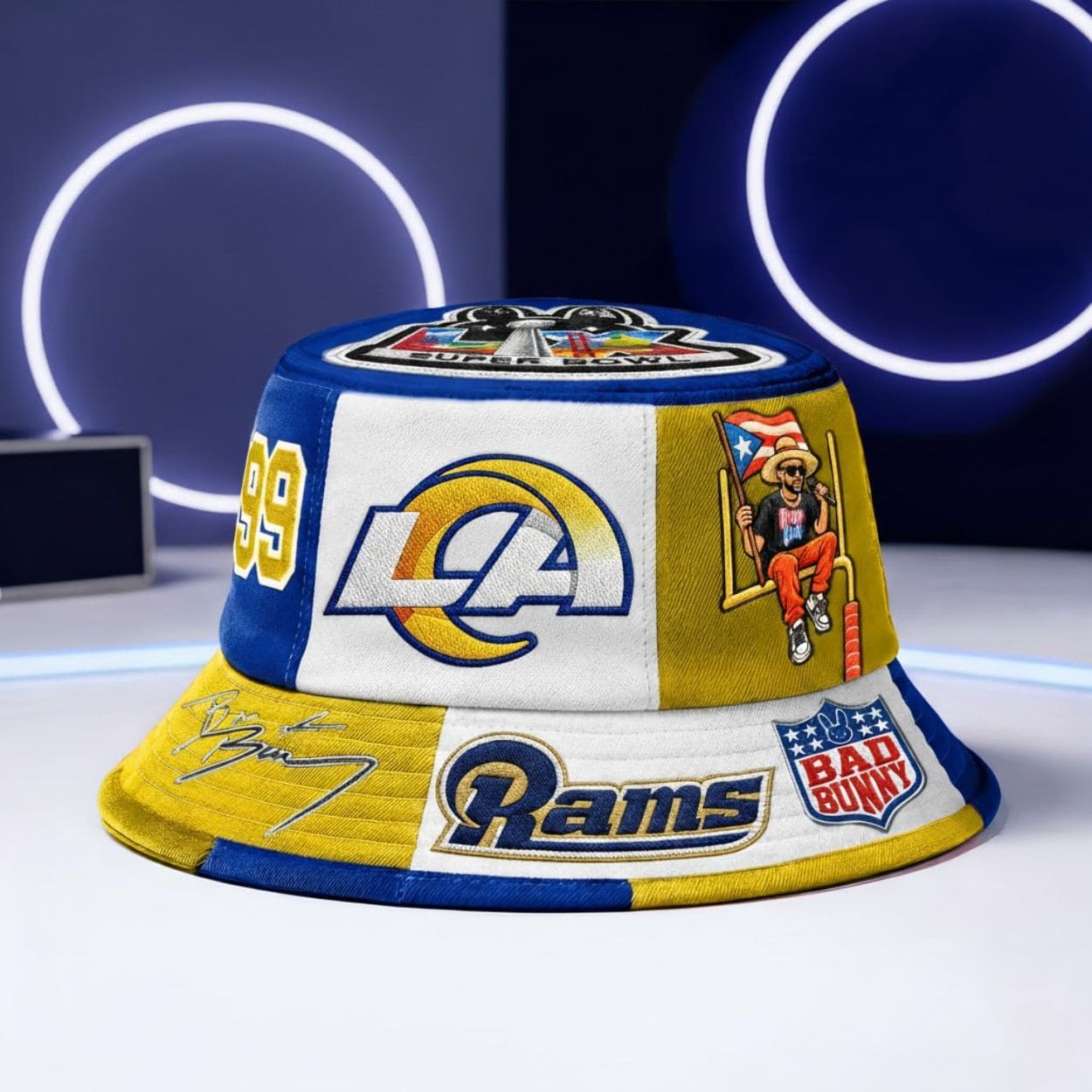 Custom Los Angeles Rams x Bad Bunny LX 2026 Bucket Hat – The Bad Bunny Half-Time Show Edition Custom Los Angeles Rams x Bad Bunny LX 2026 Bucket Hat – The Bad Bunny Half-Time Show Edition