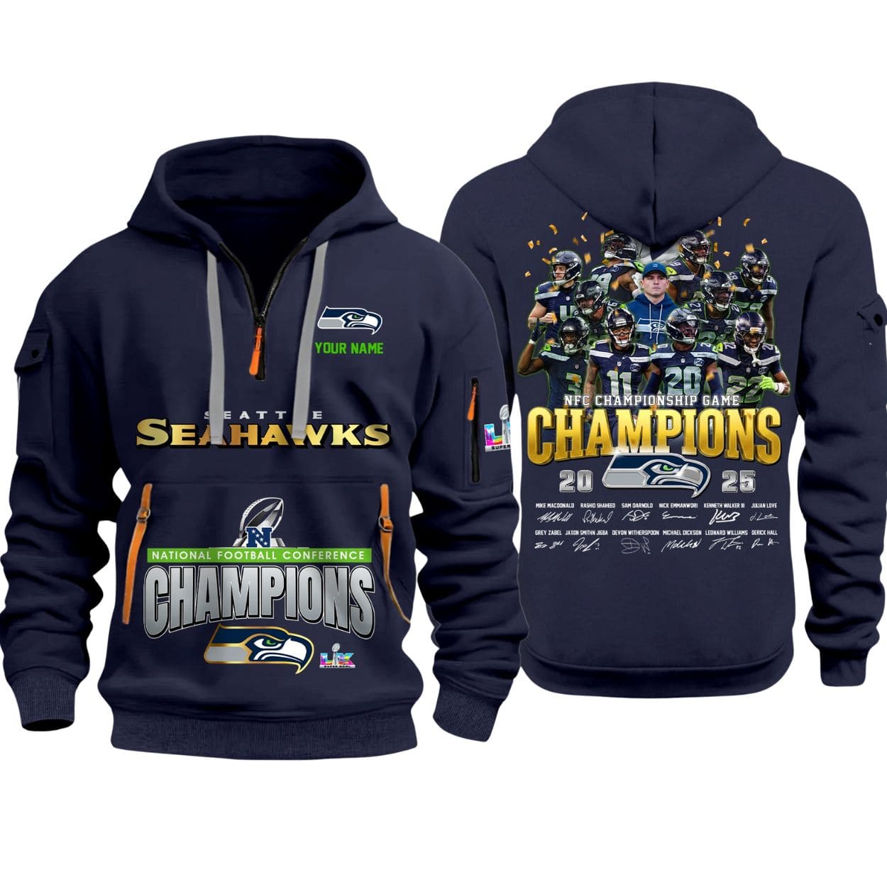 Seattle Seahawks 2025 NFC Championship Game Signature Quarter Zip Hoodie Seattle Seahawks 2025 NFC Championship Game Signature Quarter Zip Hoodie