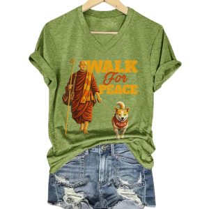 V Neck Retro Walk For Peace Monks With Aloka Dog Print T Shirt 1