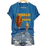 V-Neck Retro Walk For Peace Monks With Aloka Dog Print T-Shirt
