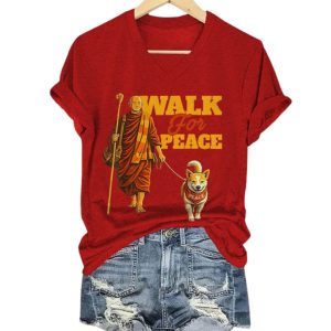 V Neck Retro Walk For Peace Monks With Aloka Dog Print T Shirt 2