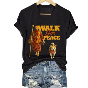 V Neck Retro Walk For Peace Monks With Aloka Dog Print T Shirt 3