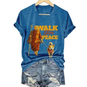 V Neck Retro Walk For Peace Monks With Aloka Dog Print T Shirt