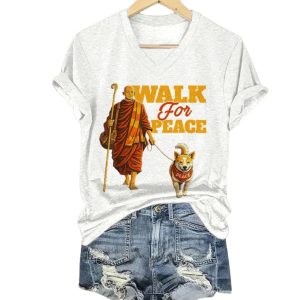 V Neck Retro Walk For Peace Monks With Aloka Dog Print T Shirt 4