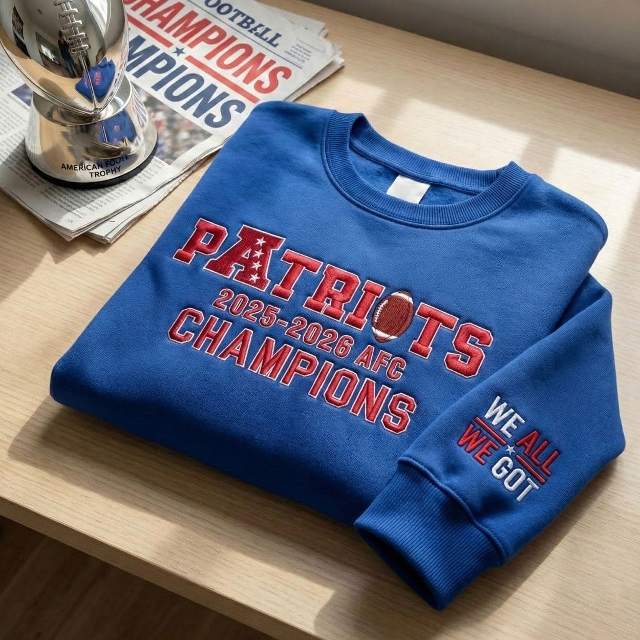Patriots 2025-2026 AFC Champions We All We Got Embroidered Hoodie Patriots 2025-2026 AFC Champions We All We Got Embroidered Hoodie