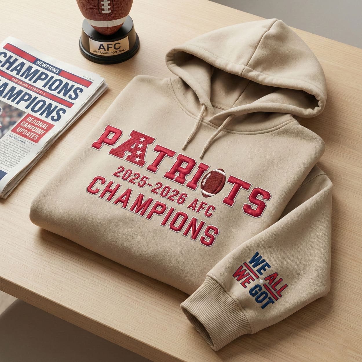 Patriots 2025-2026 AFC Champions We All We Got Embroidered Hoodie Patriots 2025-2026 AFC Champions We All We Got Embroidered Hoodie