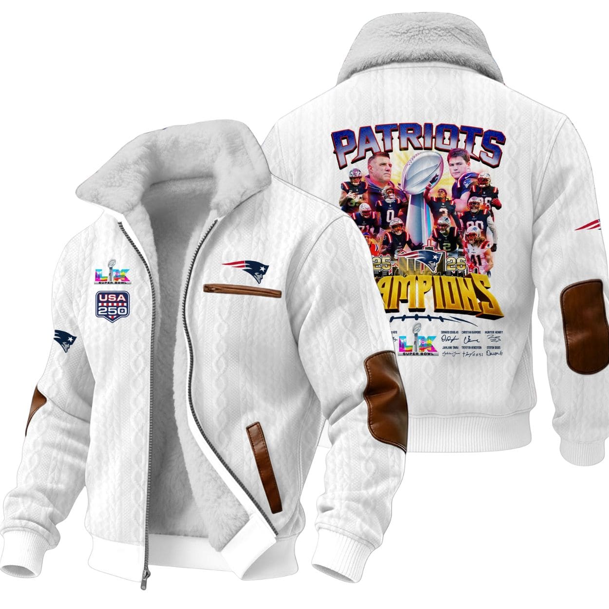 Patriots 2026 LX Champions Signature Commemorative Winter Fleece Jacket Patriots 2026 LX Champions Signature Commemorative Winter Fleece Jacket