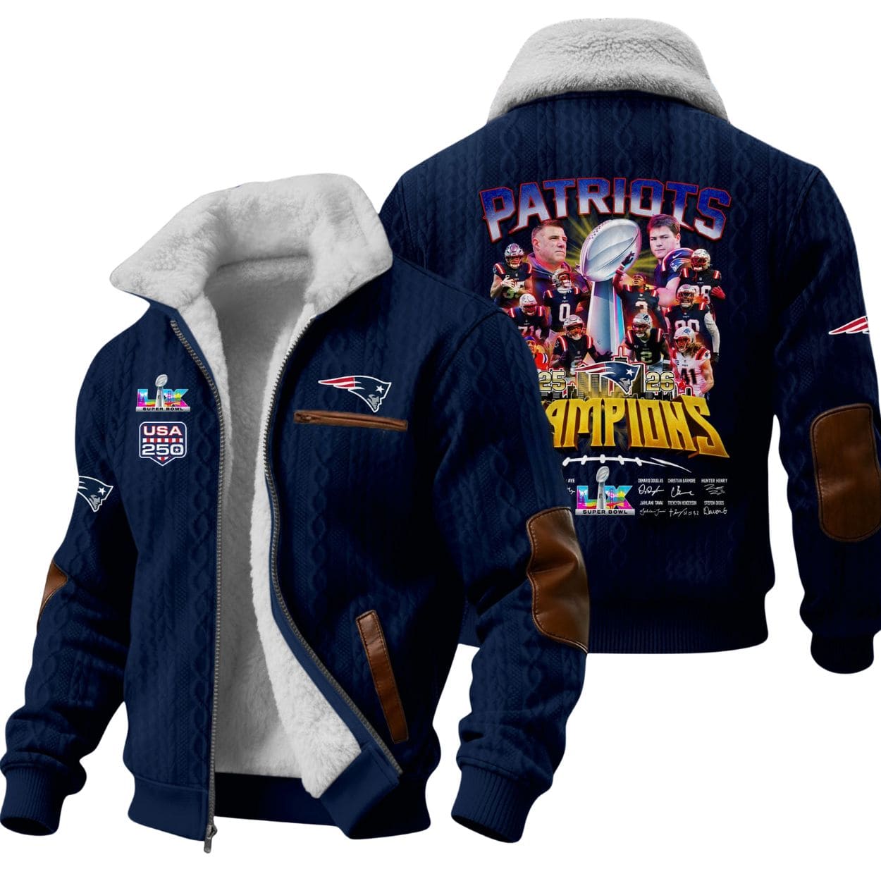 Patriots 2026 LX Champions Signature Commemorative Winter Fleece Jacket Patriots 2026 LX Champions Signature Commemorative Winter Fleece Jacket