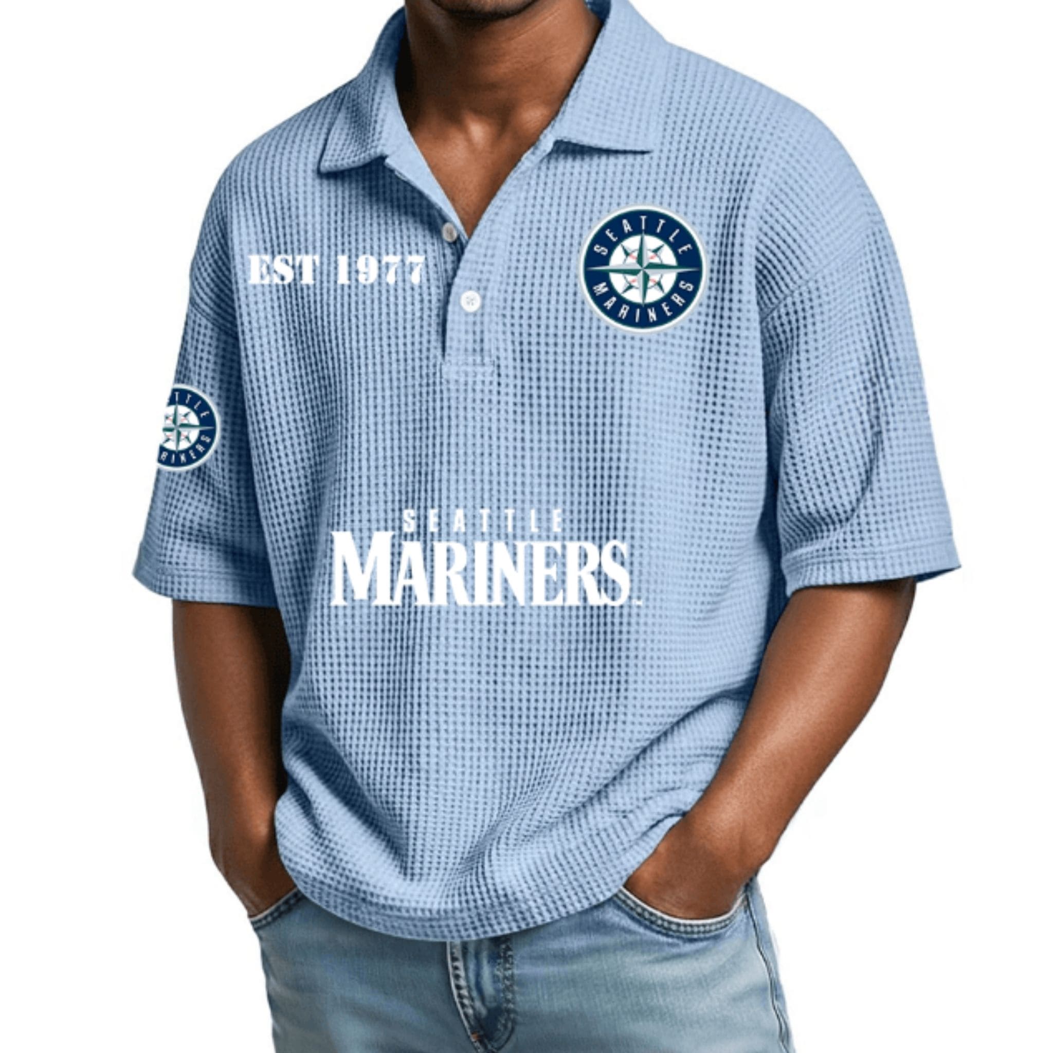 Mariners Est 1977 Waffle Collar Polo Shirt Mariners Est 1977 Waffle Collar Polo Shirt