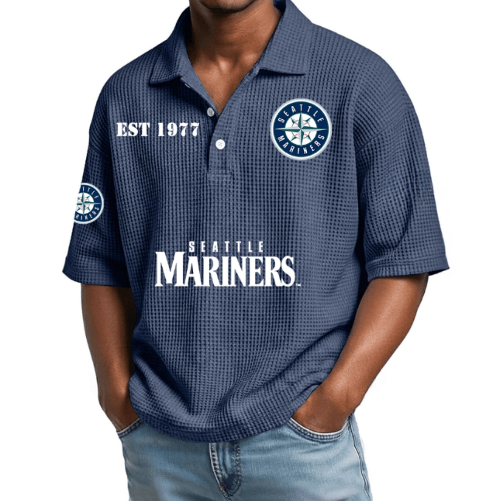 Mariners Est 1977 Waffle Collar Polo Shirt Mariners Est 1977 Waffle Collar Polo Shirt